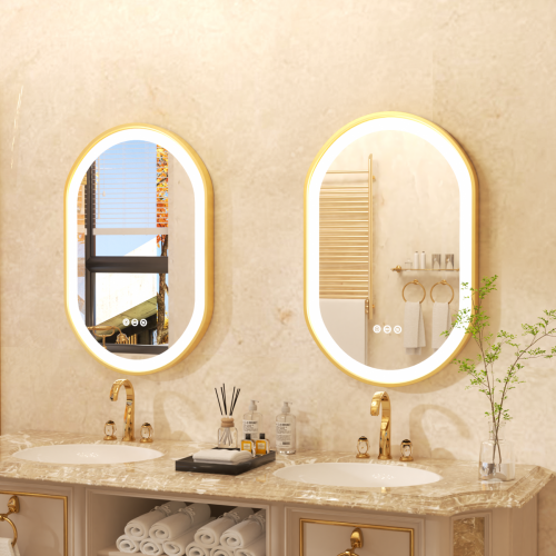 32x20 Inch Oval LED Illuminated Bathroom Mirror Wall Mounted Vanity Mirror with Smart Touch Switch Memory Function Anti-Fog Gold Aluminum Frame
