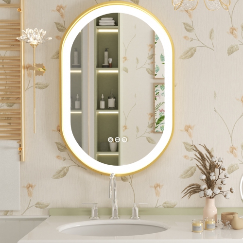 32x20 Inch Oval LED Illuminated Bathroom Mirror Wall Mounted Vanity Mirror with Smart Touch Switch Memory Function Anti-Fog Gold Aluminum Frame
