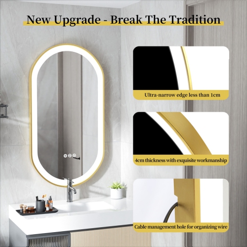 32x20 Inch Oval LED Illuminated Bathroom Mirror Wall Mounted Vanity Mirror with Smart Touch Switch Memory Function Anti-Fog Gold Aluminum Frame