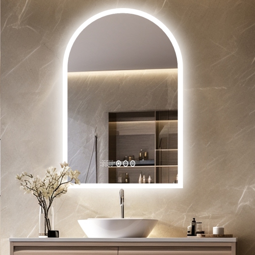 24x36 Inch Arch LED Bathroom Mirror 3 Colours Backlit Light Anti-fog Vanity Wall Mirror with Smart Touch Switch Memory Function Makeup Silver Mirror