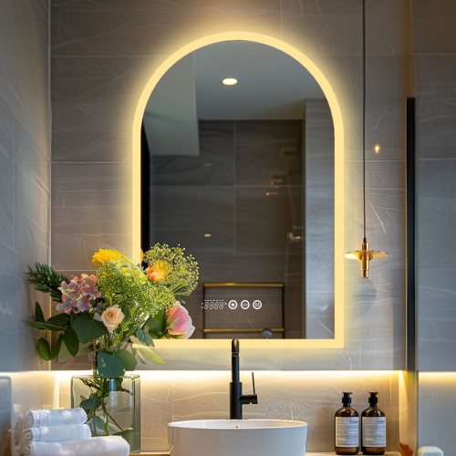 24x36 Inch Arch LED Bathroom Mirror 3 Colours Backlit Light Anti-fog Vanity Wall Mirror with Smart Touch Switch Memory Function Makeup Silver Mirror