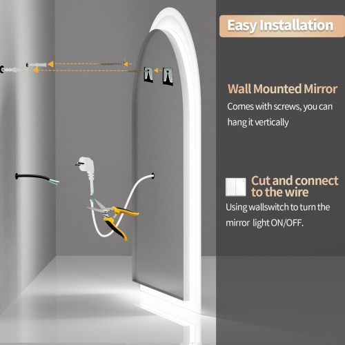 24x36 Inch Arch LED Bathroom Mirror 3 Colours Backlit Light Anti-fog Vanity Wall Mirror with Smart Touch Switch Memory Function Makeup Silver Mirror