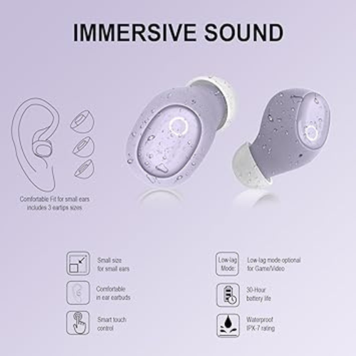 eleror Wireless Earbuds for Small Ears Women Men, Purple Bluetooth Earbuds for Small Ear Canals, Mini Ear Buds Wireless Bluetooth Earphone for