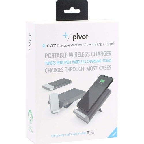 Tylt Pivot Portable Wireless Power Bank + Stand Portable Wireless Charger Twists Into Fast Wireless Charging Stand Black
