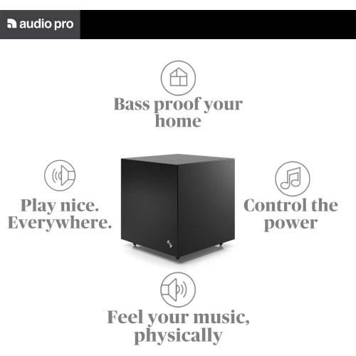 Audio Pro SW5 Powered Subwoofer, 8" Woofer, 35-130Hz, 150W Amp, Home Theater Bass Speaker, Surround Sound, RCA Input, Black