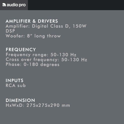 Audio Pro SW5 Powered Subwoofer, 8" Woofer, 35-130Hz, 150W Amp, Home Theater Bass Speaker, Surround Sound, RCA Input, Black