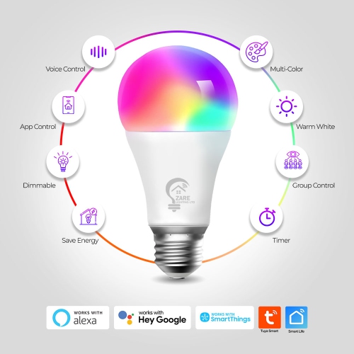 Zare Smart Light Bulbs, Compatible with Alexa and Google Assistant, Dimmable Color Changing RGB Smart Bulbs, 9W 806 Lumens, 2.4Ghz Bluetooth Wi-Fi,