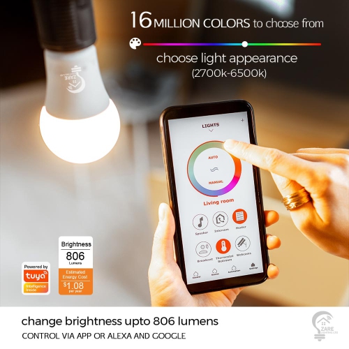Zare Smart Light Bulbs, Compatible with Alexa and Google Assistant, Dimmable Color Changing RGB Smart Bulbs, 9W 806 Lumens, 2.4Ghz Bluetooth Wi-Fi,