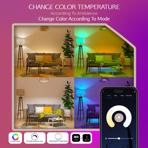 Zare Smart Light Bulbs, Compatible with Alexa and Google Assistant, Dimmable Color Changing RGB Smart Bulbs, 9W 806 Lumens, 2.4Ghz Bluetooth Wi-Fi,