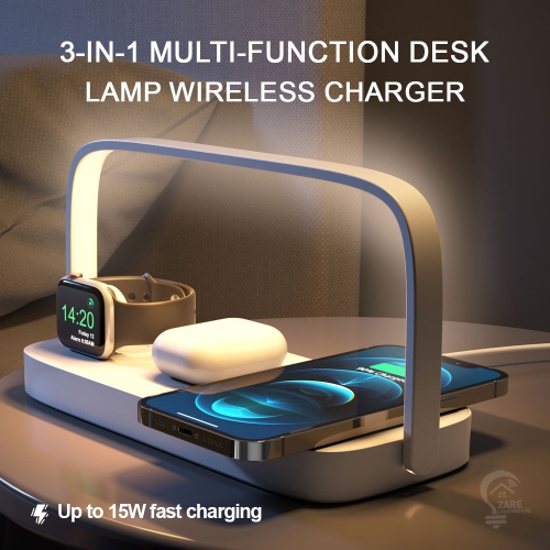 Zare Bedroom Lamp with 3-in-1 Wireless Charger & Built-in Apple Watch Charger 2.5W, 15W LED Desk Lamp with USB Charging Port, Night Table Lamp with 3