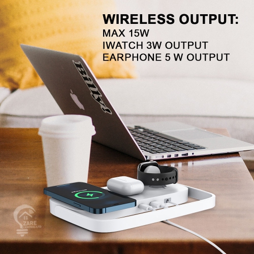 Zare Bedroom Lamp with 3-in-1 Wireless Charger & Built-in Apple Watch Charger 2.5W, 15W LED Desk Lamp with USB Charging Port, Night Table Lamp with 3