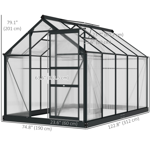 Outsunny 6' x 10' x 6.6' Polycarbonate Greenhouse, Walk-In Green House Kit Garden, Plants Grow, Galvanized Sheet Aluminum Frame with Rain Gutter,