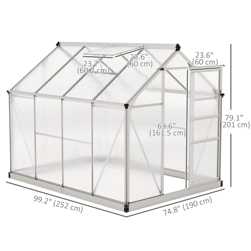 Greenhouse en polycarbonate Outsunny, 6 x 8 x 6,6 pi, ensemble de maison verte, plantes cultivées, cadre en feuille en aluminium galvanisé avec