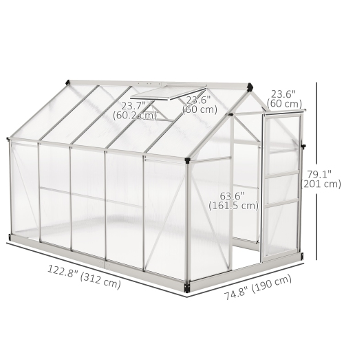 Outsunny 6' x 10' x 6.6' Polycarbonate Greenhouse, Walk-In Green House Kit Garden, Plants Grow, Galvanized Sheet Aluminum Frame with Rain Gutter,