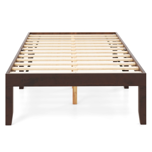 Cadre de lit plateforme jumeau en bois de 14 po de Costway avec pattes en hévéa, rangement sous le lit, brun