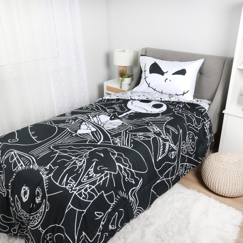 The Nightmare Before Christmas Bedding Sheet Set 4 pcs Twin Bed in Bag Set for Kids - Reversible Comforter, Flat Sheet, Fitted Sheet & Pillowcase