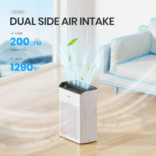 MORENTO MR5866 Smart Air Purifier Up to 1290 ft² for Home with HEPA Filter and PM 2.5 Air Quality Monitor, Wi-Fi and Alexa compatible, White