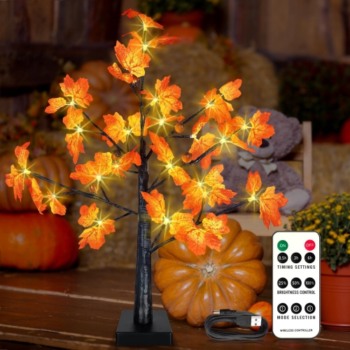 NIERBO  60Cm Led Fall Tree \w Lights Tabletop Led Lighted Maple Tree Support Battery & USB Power, Led Artificial Maple Tree for Fall Season &