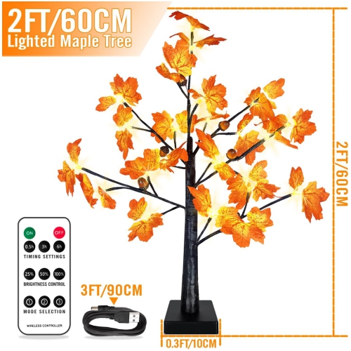 60cm LED Fall Tree with Lights Tabletop LED Lighted Maple Tree Support Battery & USB Power, LED Artificial Maple Tree for Fall Season & Thanksgiving