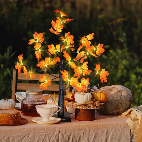 60cm LED Fall Tree with Lights Tabletop LED Lighted Maple Tree Support Battery & USB Power, LED Artificial Maple Tree for Fall Season & Thanksgiving