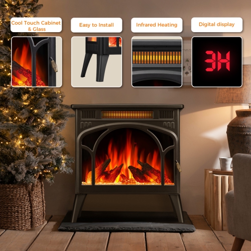 Electric Fireplace Heater, Freestanding Fireplace Infrared Stove with Remote Control and Timer, 3D Realistic Flame Effects, BLACK