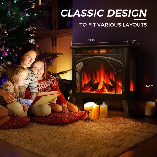 Electric Fireplace Heater, Freestanding Fireplace Infrared Stove with Remote Control and Timer, 3D Realistic Flame Effects, BLACK