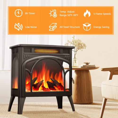 Electric Fireplace Heater, Freestanding Fireplace Infrared Stove with Remote Control and Timer, 3D Realistic Flame Effects, BLACK