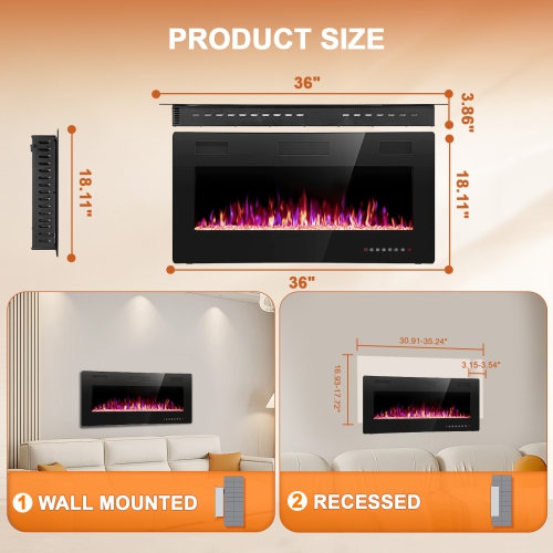 Antarctic Star 36 inch Wall Mounted Recessed Electric Fireplace Insert Flush Mount Linear Fireplace, Ultra-Thin Lightweight LED Fireplace Heater Fit