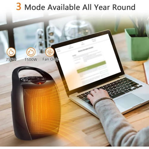 Compact Electric Heater , Ceramic Fan with Adjustable Thermostat, Overheat Protection, Fast Heating 950W/1500W for Home & Office