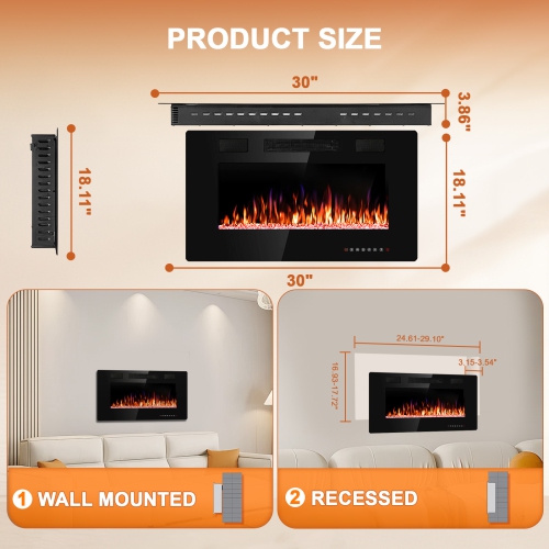 30 inch Wall Mounted Recessed Electric Fireplace Insert Flush Mount Linear Fireplace, Ultra-Thin Lightweight LED Fireplace Heater Fit 2x4&2x6 Stud