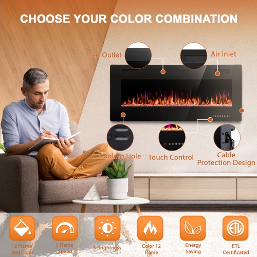 Antarctic Star 42 inch Wall Mounted Recessed Electric Fireplace Insert Flush Mount Linear Fireplace, Ultra-Thin Lightweight LED Fireplace Heater Fit