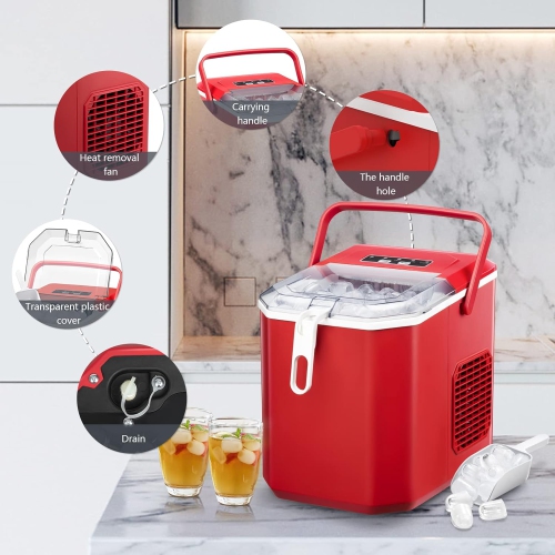 Antarctic Star Portable Ice Maker,self-cleaning,makes 9 cubes in 6 minutes,26.5 lbs/24h,includes ice scoop and basket,2 ice cube sizes for home,Red