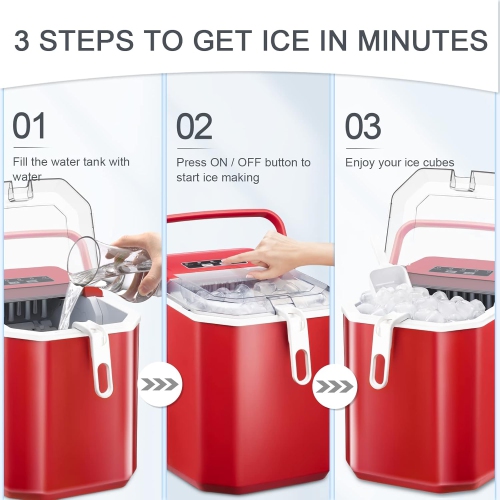Antarctic Star Portable Ice Maker,self-cleaning,makes 9 cubes in 6 minutes,26.5 lbs/24h,includes ice scoop and basket,2 ice cube sizes for home,Red