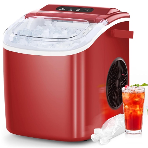 Antarctic Star Portable Ice Maker,Countertop Model,Self-Cleaning,26.5lbs/24Hrs,6 Mins/9 Pcs Bullet Ice,Includes Ice Scoop and Basket,Red