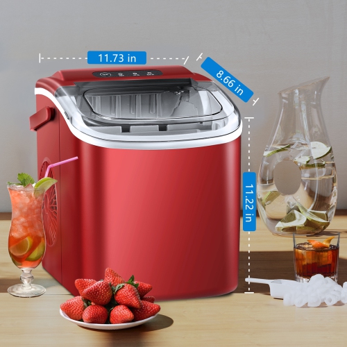 Antarctic Star Portable Ice Maker,Countertop Model,Self-Cleaning,26.5lbs/24Hrs,6 Mins/9 Pcs Bullet Ice,Includes Ice Scoop and Basket,Red