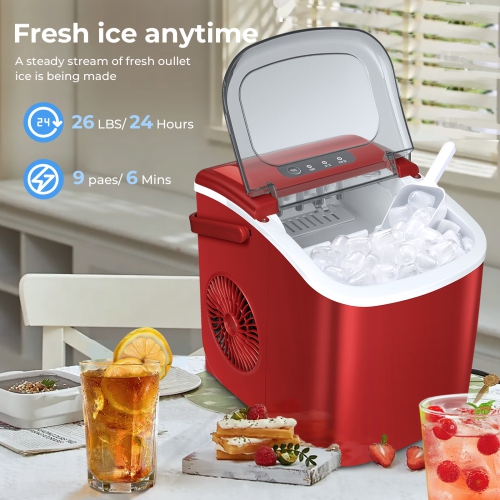 Antarctic Star Portable Ice Maker,Countertop Model,Self-Cleaning,26.5lbs/24Hrs,6 Mins/9 Pcs Bullet Ice,Includes Ice Scoop and Basket,Red