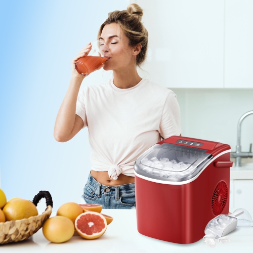 Antarctic Star Portable Ice Maker,Countertop Model,Self-Cleaning,26.5lbs/24Hrs,6 Mins/9 Pcs Bullet Ice,Includes Ice Scoop and Basket,Red