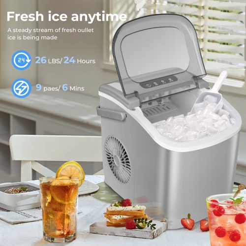 Antarctic Star Portable Ice Maker,Countertop Model,Self-Cleaning,26.5lbs/24Hrs,6 Mins/9 Pcs Bullet Ice,Includes Ice Scoop and Basket,Grey