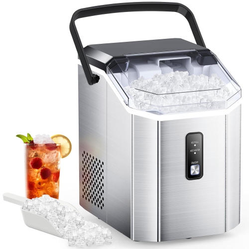 Antarctic Star Nugget Ice Maker Countertop, Portable Ice Maker Machine with Handle, Self-Cleaning, with Ice Scoop and Basket, Stainless Steel Silver
