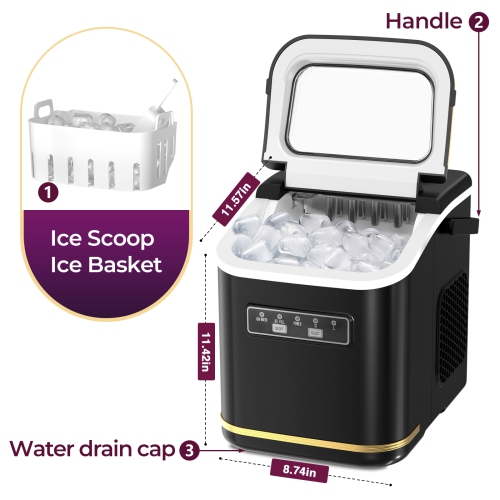 Antarctic Star Countertop Ice Maker, producing 9 bullet ice cubes in 6 minutes and 26.5 lbs of ice per 24 hours and includes a basket and scoop, BLACK