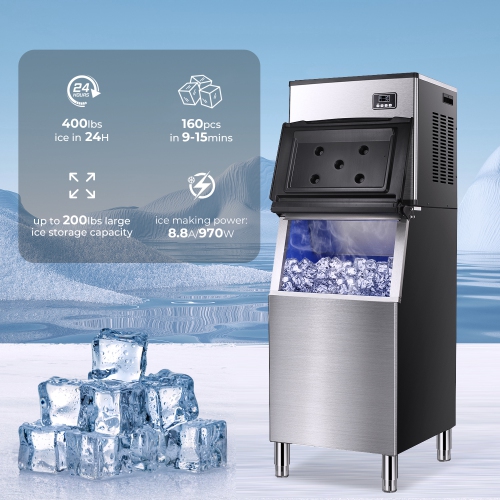 Antarctic Star Ice Maker Machine Commercialuring a 352 lbs/24H production capacity, includes a 198 lbs ice bin and comes with a scoop