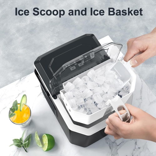 Antarctic Star Portable Ice Maker,self-cleaning,makes 9 cubes in 6 minutes,26.5 lbs/24h,includes ice scoop and basket,2 ice cube sizes for home,Black