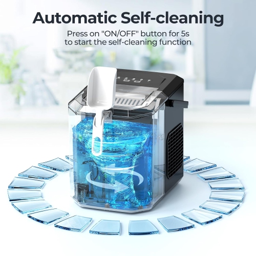 Antarctic Star Portable Ice Maker,self-cleaning,makes 9 cubes in 6 minutes,26.5 lbs/24h,includes ice scoop and basket,2 ice cube sizes for home,Black
