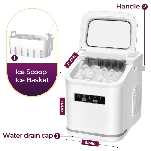 Antarctic Star Countertop Ice Maker, producing 9 bullet ice cubes in 6 minutes and 26.5 lbs of ice per 24 hours and includes a basket and scoop,WHITE