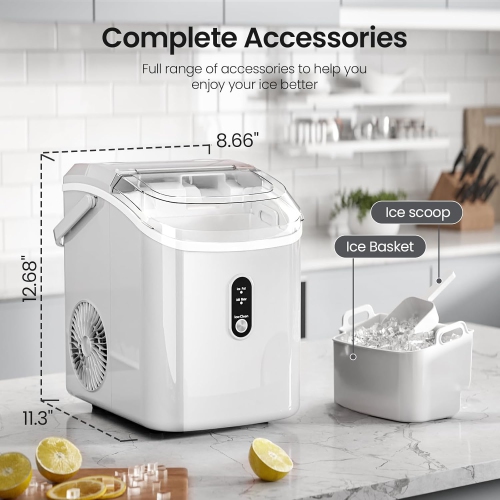 Antarctic Star Nugget Countertop Ice Maker with Soft Chewable Ice, Pebble Portable Machine Scoop, Self-Cleaning, One-Click Operation, White