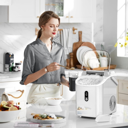 Antarctic Star Nugget Countertop Ice Maker with Soft Chewable Ice, Pebble Portable Machine Scoop, Self-Cleaning, One-Click Operation, White