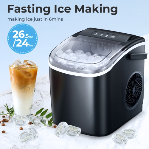 Antarctic Star Portable Ice Maker,Countertop Model,Self-Cleaning,26.5lbs/24Hrs,6 Mins/9 Pcs Bullet Ice,Includes Ice Scoop and Basket,Black