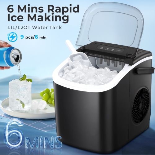 Antarctic Star Portable Ice Maker,Countertop Model,Self-Cleaning,26.5lbs/24Hrs,6 Mins/9 Pcs Bullet Ice,Includes Ice Scoop and Basket,Black