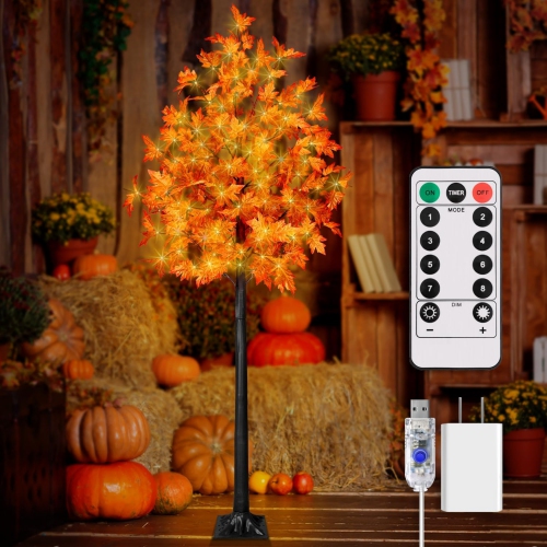 NIERBO  210Cm Led Fall Tree \w Lights, Led Lighted Maple Tree \w Timer, Led Maple Tree \w Lights for Fall&thanksgiving Decor, Prelit Artificial Maple