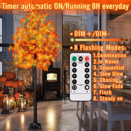 210cm LED Fall Tree with Lights, LED Lighted Maple Tree with Timer, LED Maple Tree with Lights for Fall&Thanksgiving Decor, Prelit Artificial Maple